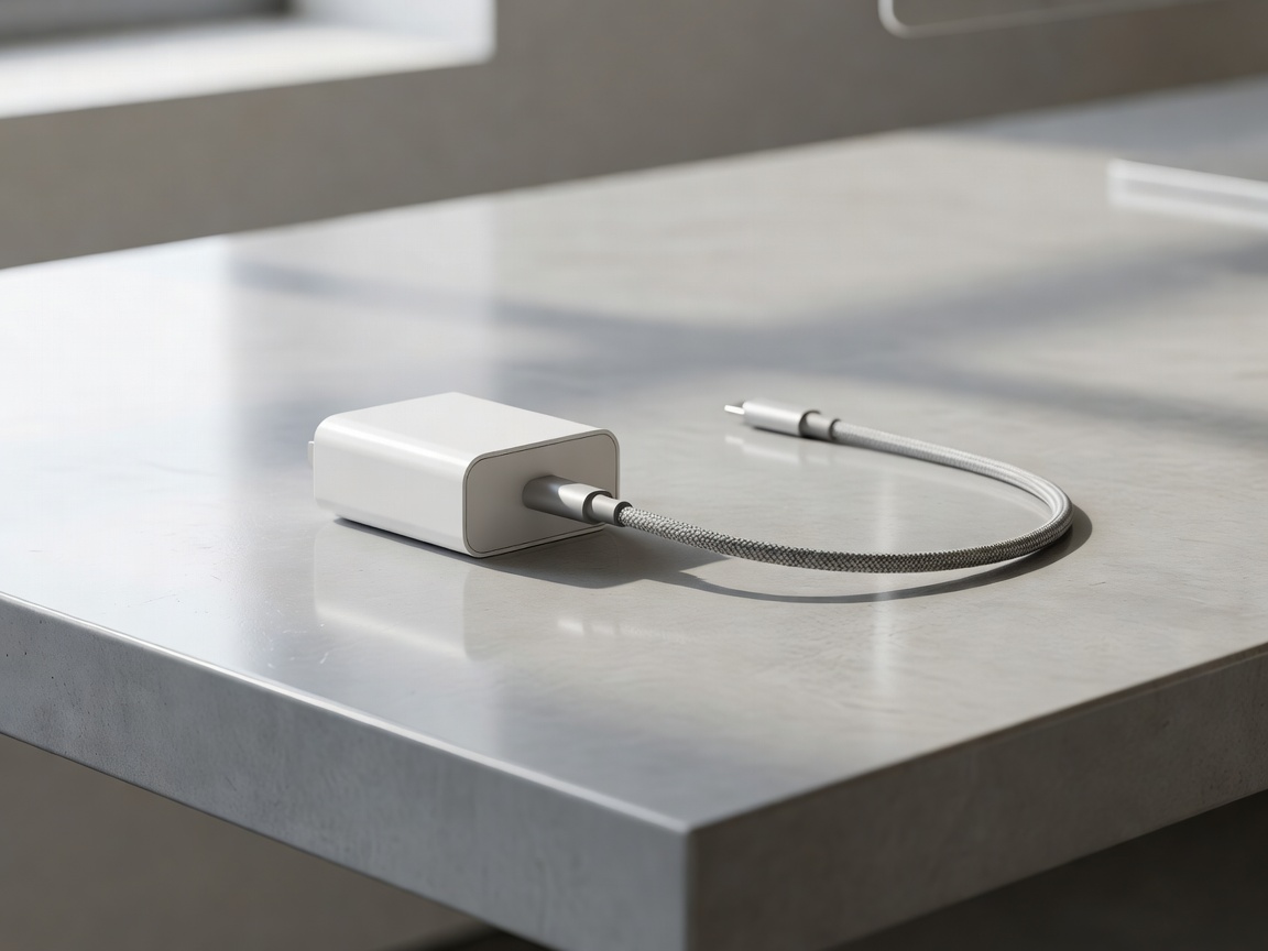 Compact USB Type-C fast charging cable and power adapter on modern desk surface