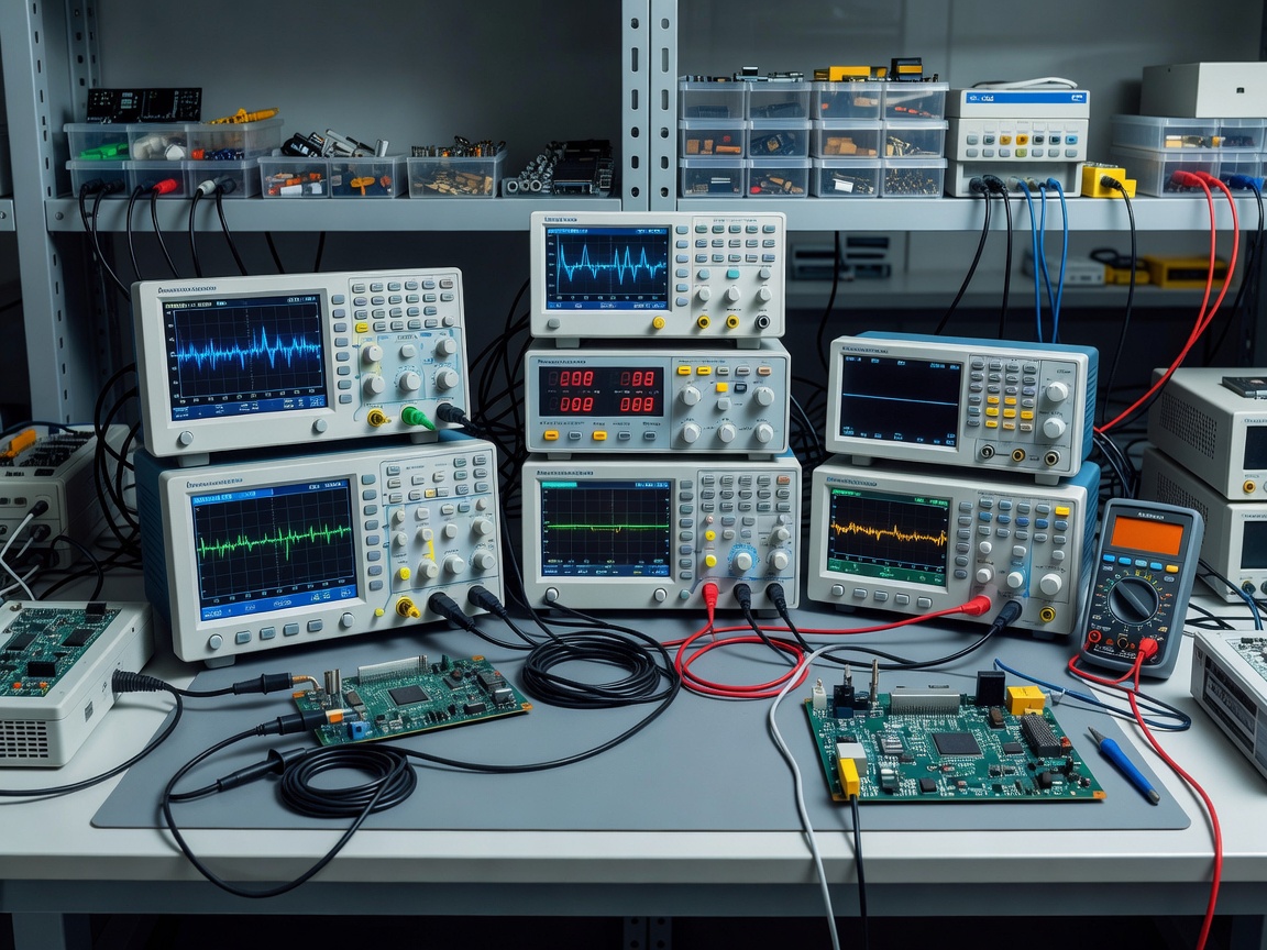 Modern electronics laboratory bench with diagnostic test hardware and measurement equipment