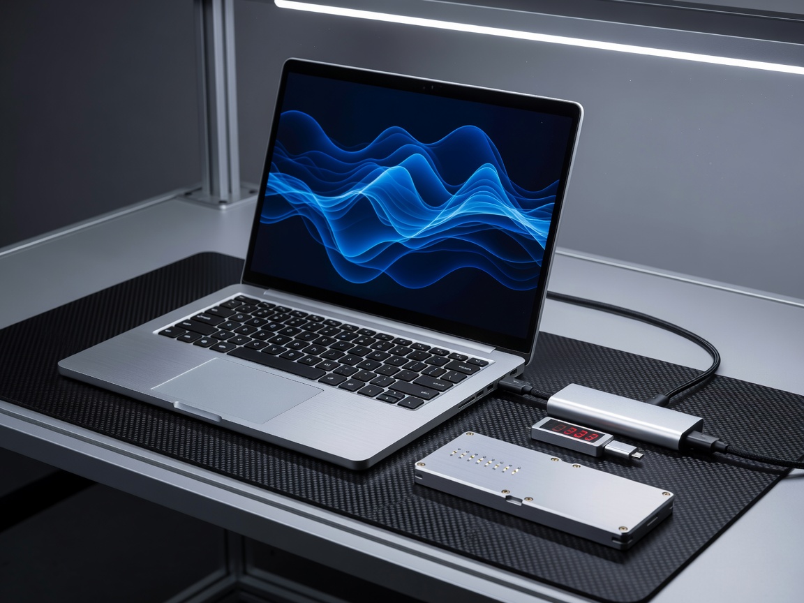 Sleek aluminum laptop workstation running extended battery performance tasks