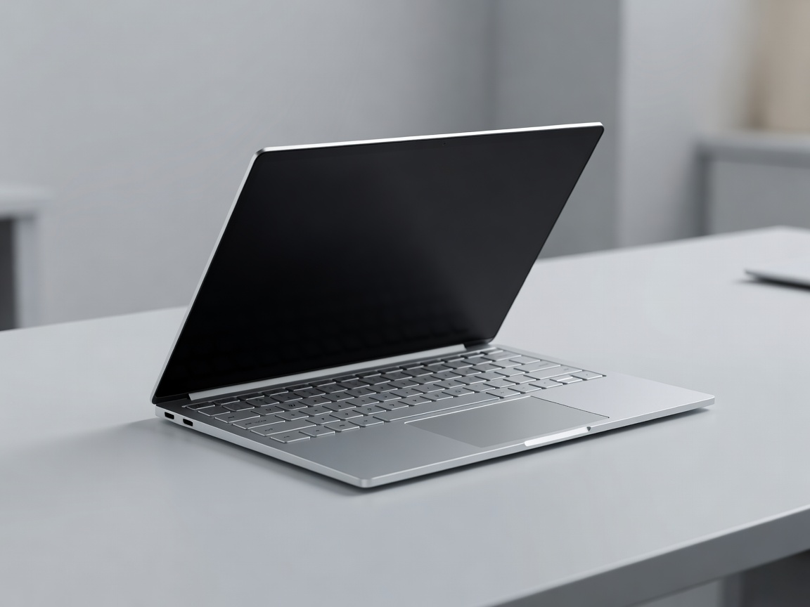 Ultra-thin silver lightweight laptop chassis opened on clean workspace desk